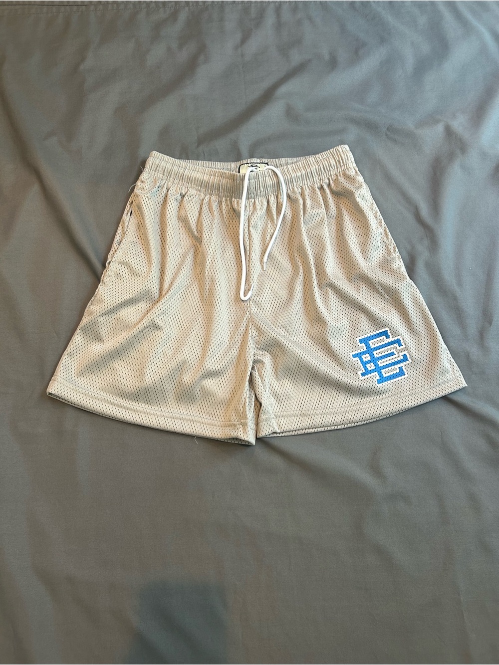 Eric Emanuel Beige Mesh Shorts with Blue Logo